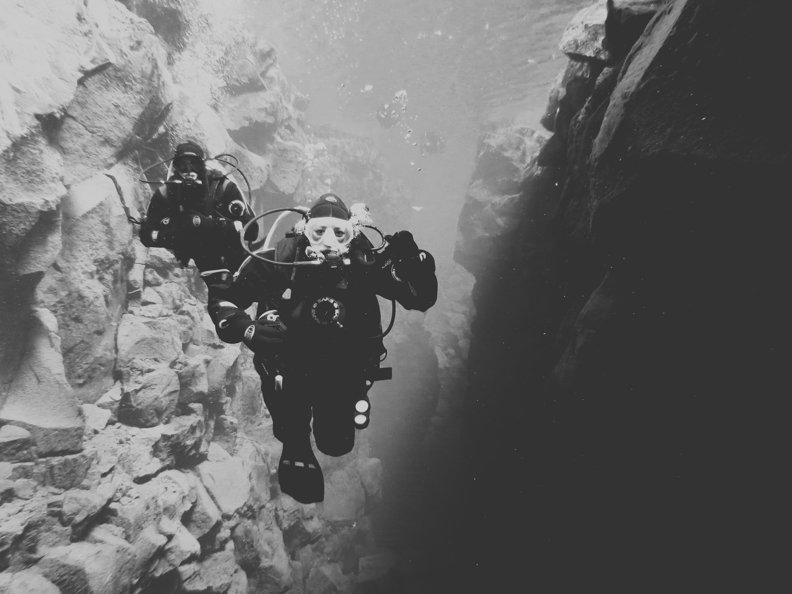 Scuba diving the Silfra Fissure in Thingvellir National Park, Iceland.